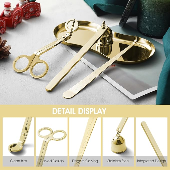 PATOISE 3 in 1 Candle Accessory Set, Candle Wick Trimmer Cutter Mini, Candle Snuffer, Candle Wick Dipper in Gift Package for Candle Aromatherapy Lovers(3PCS Gold)