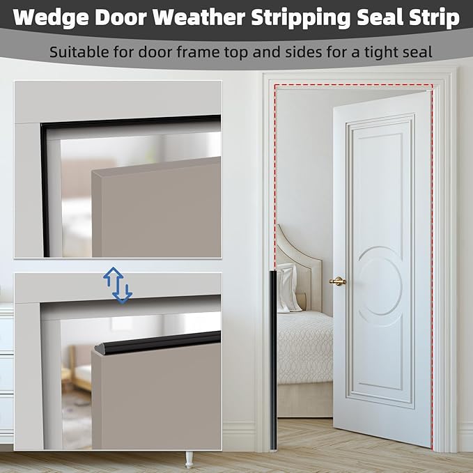 3Pcs×196" Wedge Weather Stripping Door Seal Strip for Door Frame & Window,Self Adhesive Window Insulation Draft Stopper Seal for Winter,Gray Foam Door Gap Filler for Soundproofing Light Blocker,Black