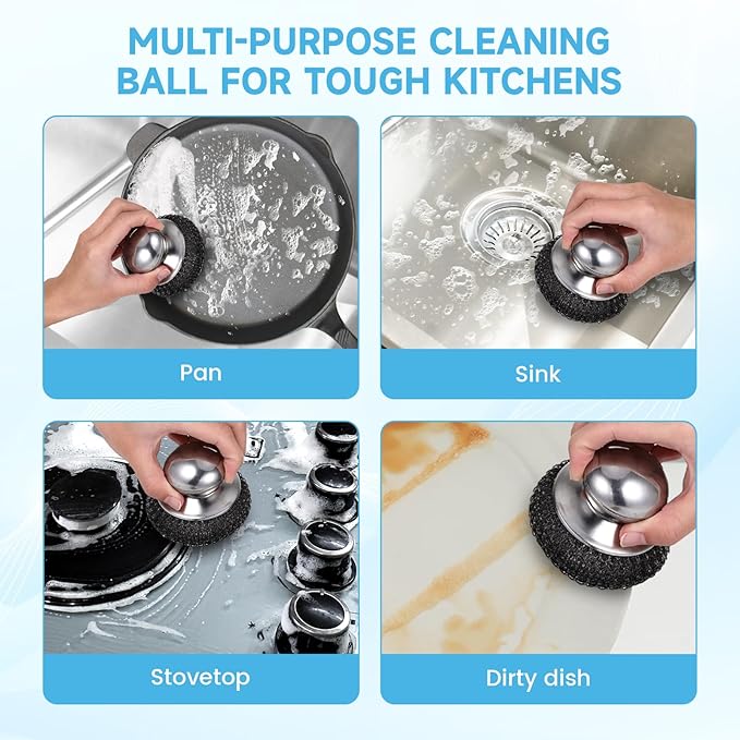 6Pcs Steel Wool Scrubber, Stainless Steel Scrubber with Handle for Cleaning Kitchen and Household Stubborn Messes from Stoves Pans Pots Grill Sink with Replacement Wire Brush Set (2 Pcs+4 Replacement)