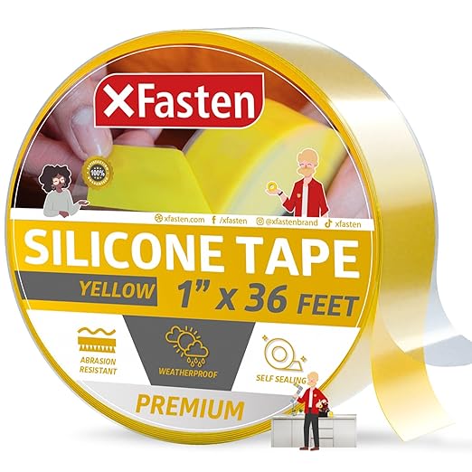 XFasten Self Fusing Silicone Tape Waterproof – 1" x 36 Feet Yellow, Self Amalgamating Tape, Silicone Rubber for Plumbing, Sealing Pipes, Hose Repair, Outdoor Coax and Electrical Cables – Weatherproof
