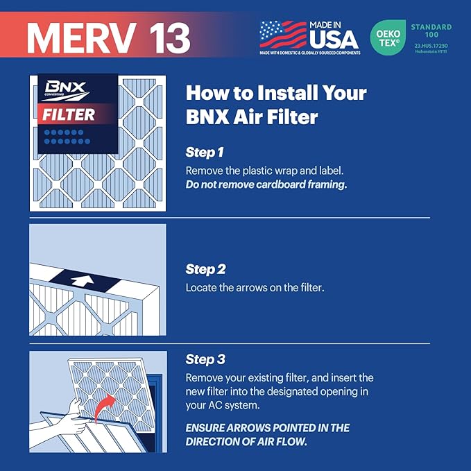 BNX TruFilter 14x18x1 MERV 13 (4-Pack) AC Furnace Air Filter - MADE IN USA - Electrostatic Pleated Air Conditioner HVAC AC Furnace Filters - Removes Pollen, Mold, Bacteria, Smoke