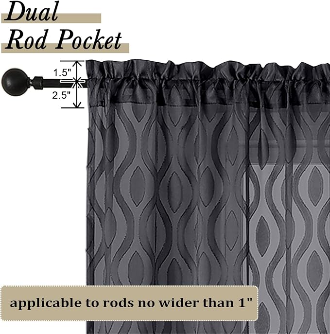 Aiyufeng Sheer Black Curtains 84 Inches Long 2 Panels, Solid Airy Light Filtering Clip Jacquard Window Treatments for Bedroom Living Room, Modern Wavy Line Rod Pocket Curtains, Total 80 inches Width