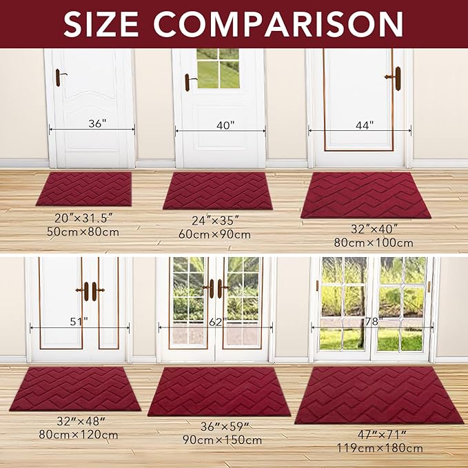 hicorfe Front Door Mat Outside Entrance,24"x35" Absorbent Muddy Dirt Resist Welcome Door Mats Outdoor Indoor,Stain and Fade Resistant,Non Slip Backing Entry Mat Doormat for Entryway (Red)