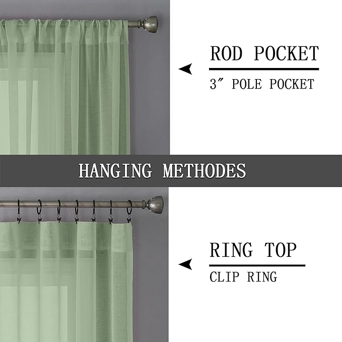 Tollpiz Sheer Curtains Bedroom Linen Textured Curtain Sheers Light Filtering Voile Rod Pocket Curtains for Living Room, 38 x 84 inches Long, Sage Green, Set of 2 Panels