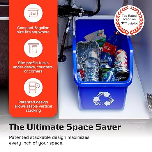 Multi Bin Recycling System with Nine Stackable 6 Gallon Recycle Bins to Build Your Recycling Center for Offices, Kitchen, Garages, Businesses - (9 Pack, Blue/Grey/Green)