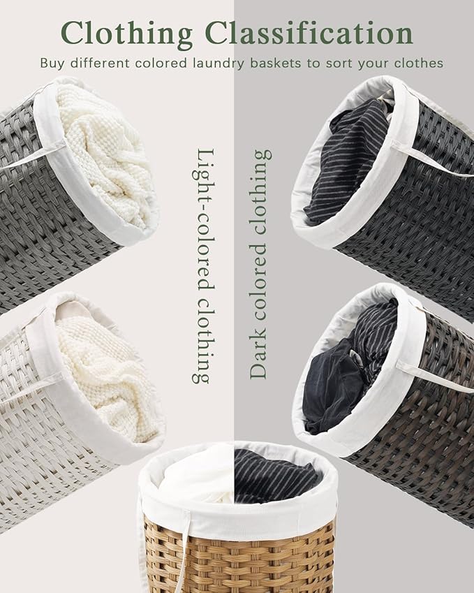 Laundry Basket with Lid Round Rattan Laundry Hamper with Lid and Handles 29.1 Gal (110 L) Handwoven Woven Basket with Removable Bags and 2 Mesh Bags for Bathroom Living Room Brown