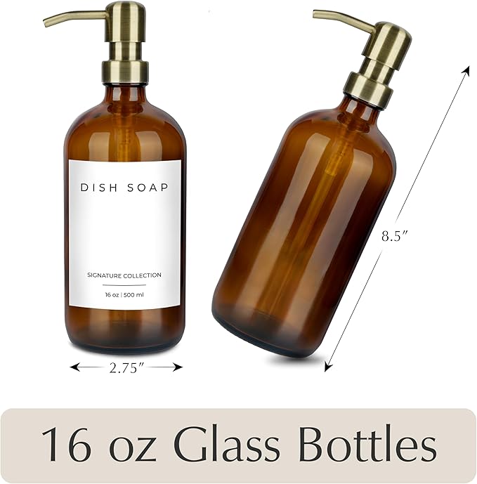 Emerson Essentials Soap Dispenser, Dish Soap for Kitchen, Bathroom Set, Hand and Dish Set, Kitchen Soap Dispenser Set, Bottles with Pump and Labels, 16 Oz, 2 Pack