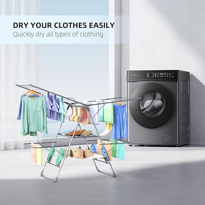 Clothes Drying Rack, Foldable 2-Level Laundry Racks for Drying Clothes Rack,Stainless Steel Drying Rack Clothing Collapsible for Indoor Outdoor,with Height-Adjustable Wings