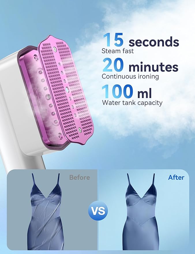 Steamer for Clothes, Sundu Portable 2-in-1 Steamer & Iron, 15s Fast Heat-up, 100ml Water Tank, Ironing Gloves, 20 Min Continuous Steam, Wrinkle Remover for Garment, Travel & Home Use (Cream White)