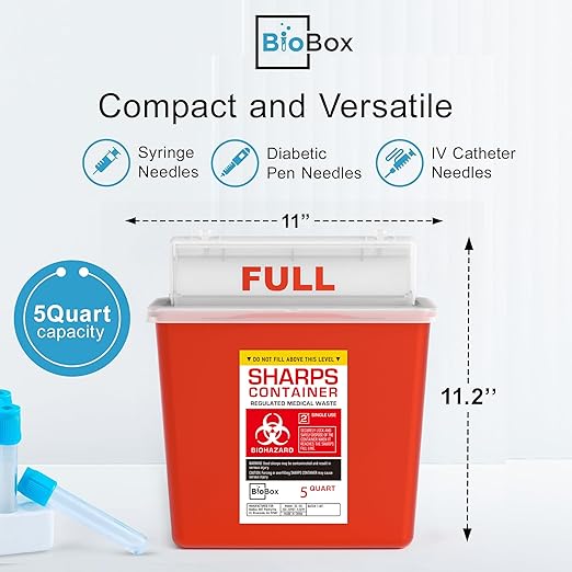 Sharps Container Large - Sharps Containers for Home Use and Labs - Portable Needle Disposal and Travel Size Biohazard Bin - 5 Quart Plus (Pack of 2)