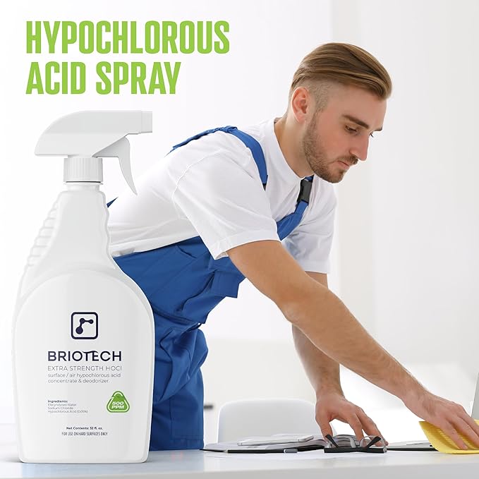 BRIOTECH Extra Strength HOCl Cleaner, 500 PPM Hypochlorous Acid Concentrate, ULV Foggers & Humidifiers, Professional Deodorizer for Dental, Offices, Schools, Homes, Peroxide Free, 32 fl oz (2 Pack)