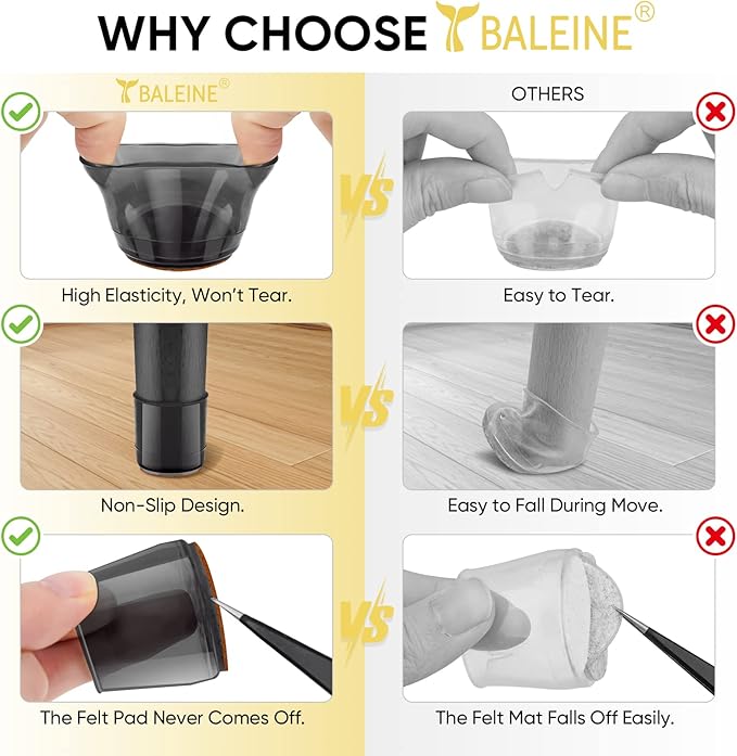 BALEINE 16 Pack Silicone Chair Leg Floor Protectors, Stool Leg Protectors Cap, Non-Slip Chair Leg Caps for Hardwood Floors (Black & Large, 16 Pack)
