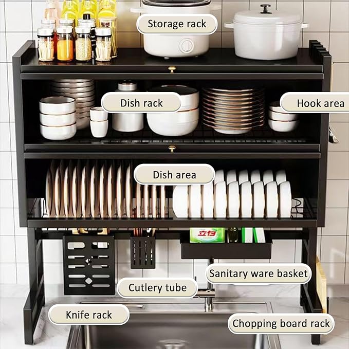 Dish Drying Rack 4 Tiers with Cover, Keep Kitchen Sink Shlef Organized Space-Saving, Large Drying Rack for Dishes, Glasses, Bowls, Cutlery black W-37.4in