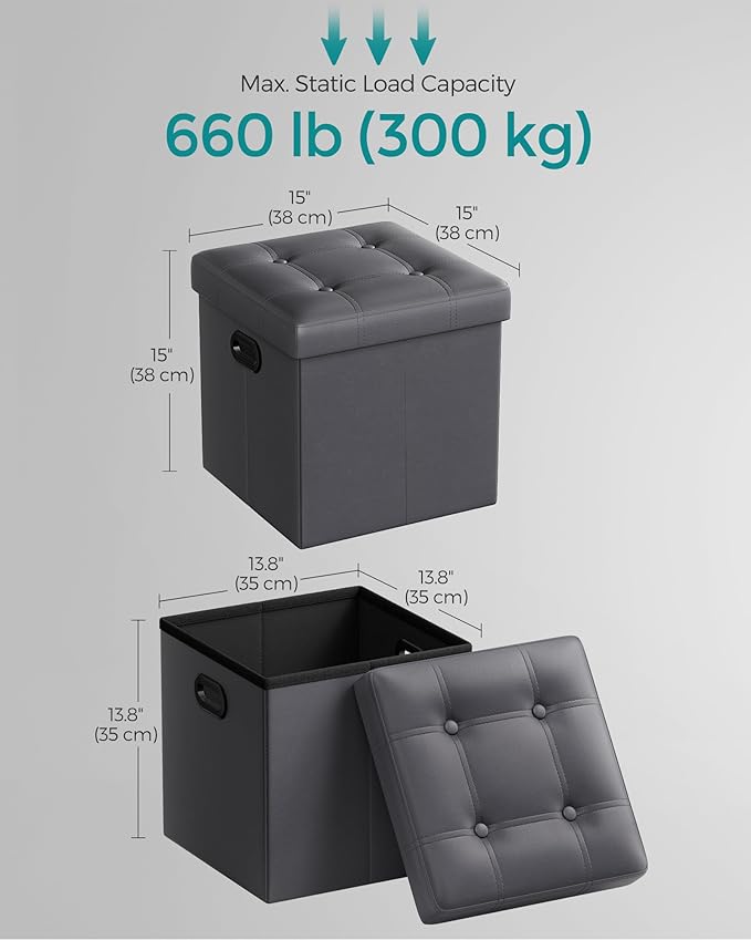 SONGMICS Mazie Collection - 15 Inches Ottoman with Storage, Footstool, Storage Ottoman with Metal Grommet Handles, Load 660 lb, for Dorm, Living Room, Bedroom, Synthetic Leather, Dark Gray ULSF030G01