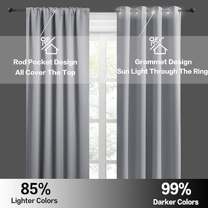 RYB HOME Blackout Curtains & Drapes - Light Block Thermal Insulated Privacy Window Covering for Bedroom Living Room Office, W 42 x L 72 inch, Silver Grey, 2 Panels