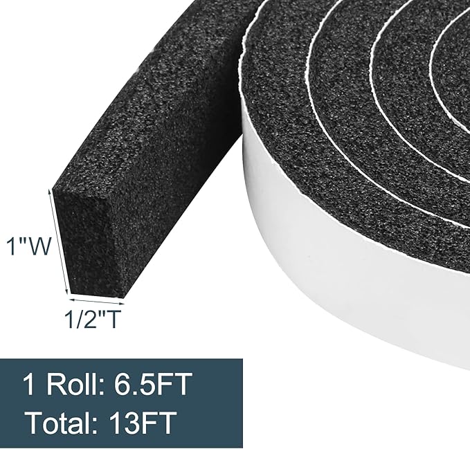 YIJUHOU Weather Stripping Door Seal Window Air Conditoner Insulation Foam Seal Tape Black Open Cell Door Seal Strip (1IN*1/2IN*13FT)
