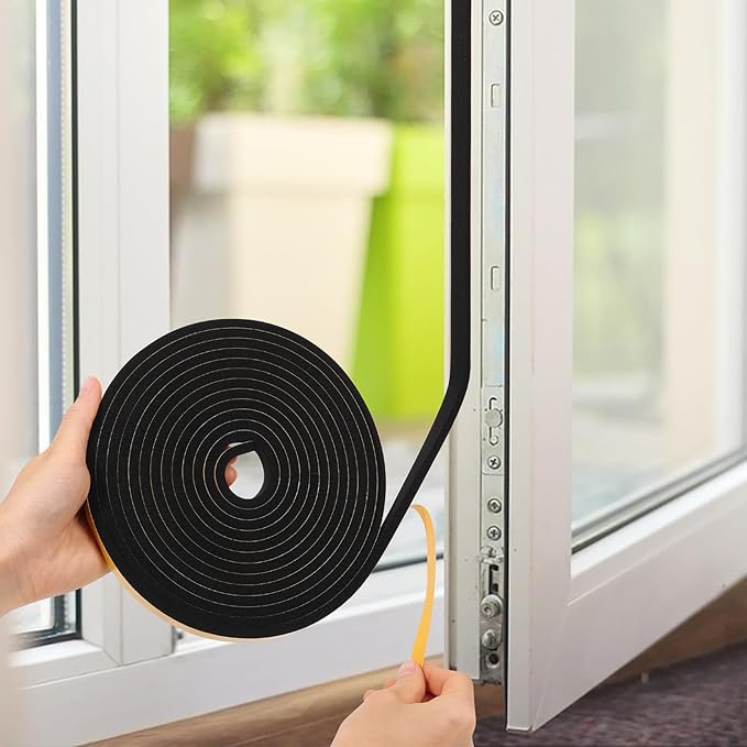 Black Weather Stripping Door Seal Strip (3/5 Inch X 1/8 Inch X 26Feet), Strong Adhesive, Lightproof, Soundproof, Weatherproof Foam Tape Insulation for Sliding Door, Front Door Frame, Windows