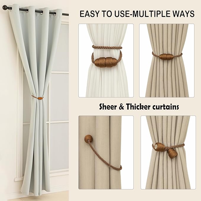 Magnetic Curtain Tiebacks Rope Curtain Tie Backs for Curtains 2 Pack Curtain Holders for Drapes Decorative Window Curtain Holdbacks, Khaki
