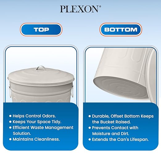 Plexon Round Trash Can 13 Gallon, Vintage Metal Outdoor Trash Can with Lid, Retro Farmhouse Garbage Container, Old School Modern Ash Bucket, Beige