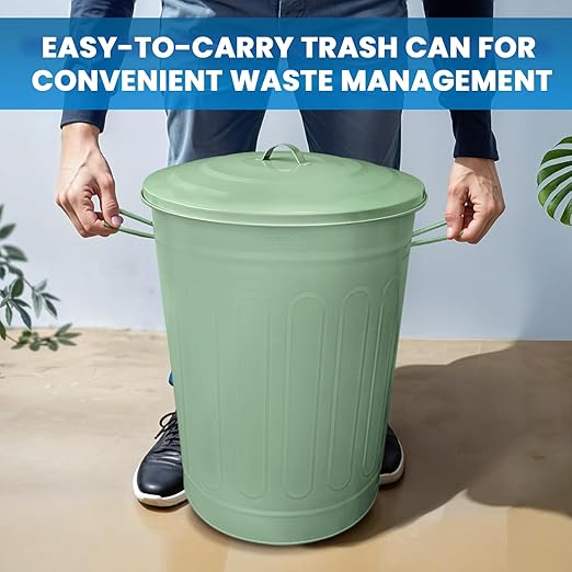 Plexon Round Trash Can 13 Gallon, Vintage Metal Outdoor Trash Can with Lid, Retro Farmhouse Garbage Container, Old School Modern Ash Bucket, Green 3 Pack