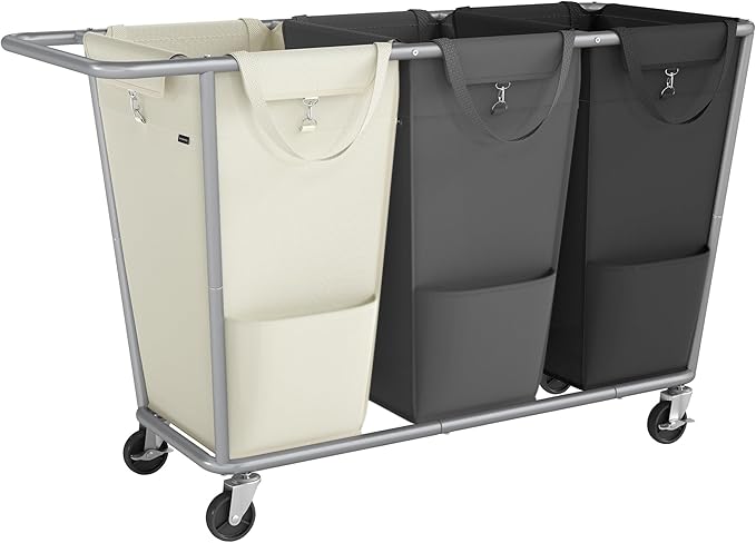 SONGMICS Laundry Basket with Wheels, 76.6 Gallons (290 L), 3-Section Rolling Laundry Hamper with Removable Bags, Heavy-Duty Steel Frame with Handle, Cream White, Dark Gray and Ink Black URLS010X01