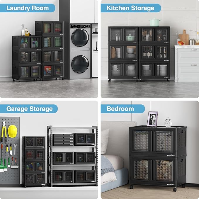 BROVIEW 600Qt Stackable Storage Bins with Lids, 150Gal Closet Organizers and Storage Drawer, Plastic Collapsible Storage Bins with Doors, Heavy Duty Store Box Cabinet for Home Kitchen, 6Pack Black