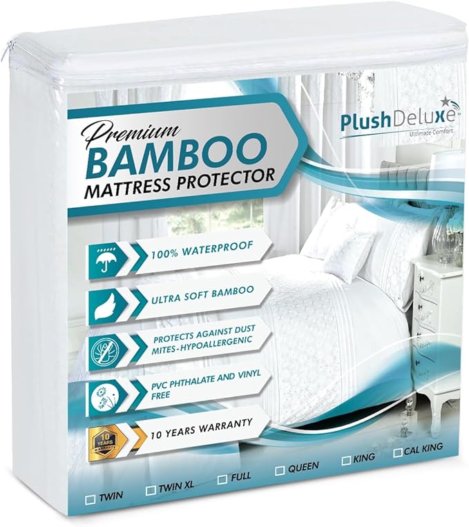 PlushDeluxe Premium Bamboo Mattress Protector – King Size, Waterproof, & Ultra Soft Breathable Noiseless Washable Bed Mattress Cover for Comfort & Protection - White