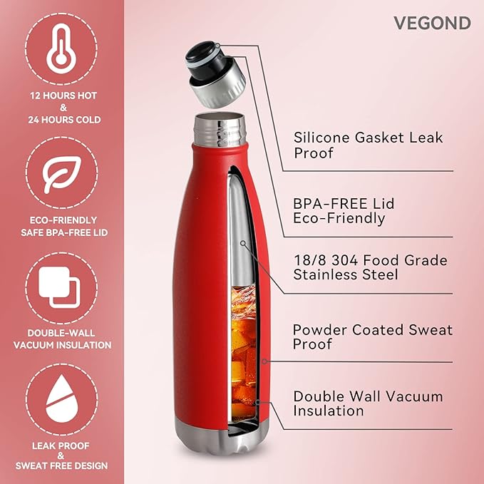 VEGOND 17oz Stainless Steel Water Bottles Bulk, Reusable Metal Sports Water Bottle Keeps Drink Hot and Cold, BPA Free Double Wall Vacuum Cola Shape Insulated Water Bottles for Camping Gym, 4 Pack