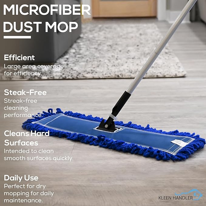 KLEEN HANDLER 24 Inch Microfiber Dust Mop Bulk Pack of 12, Medium Washable Commercial Dust Mop, Sweeper, Janitorial Dust Mop Head Replacement, Push Mop Broom, Blue