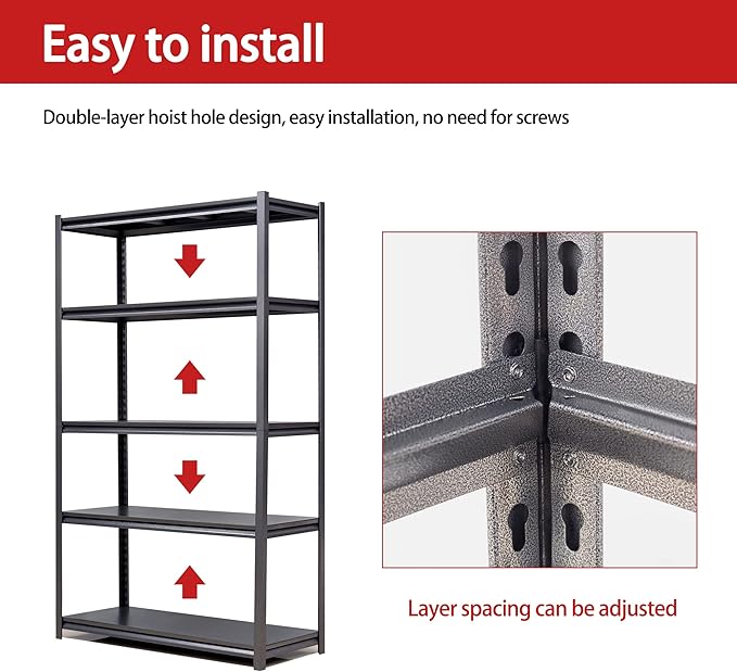78" H Garage Shelving, Metal Storage Shelves, 3000LBS Heavy Duty Shelving, Adjustable 5 Tier Storage Rack, Industrial Utility Shelf for Garage, Warehouse, Kitchen,18" D×47.5" W×78" H, Black