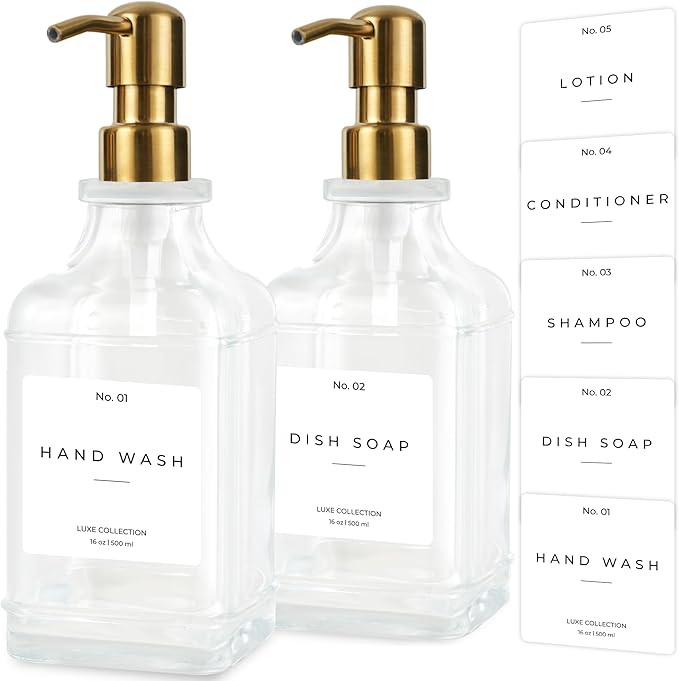 Emerson Essentials Soap Dispenser, Dish Soap Dispenser, Soap Dispenser Bathroom Set, Hand Soap Dispenser, Kitchen Soap Dispenser Set, Glass Soap Dispenser with Pump and Labels | 16 Oz, 2-Pack