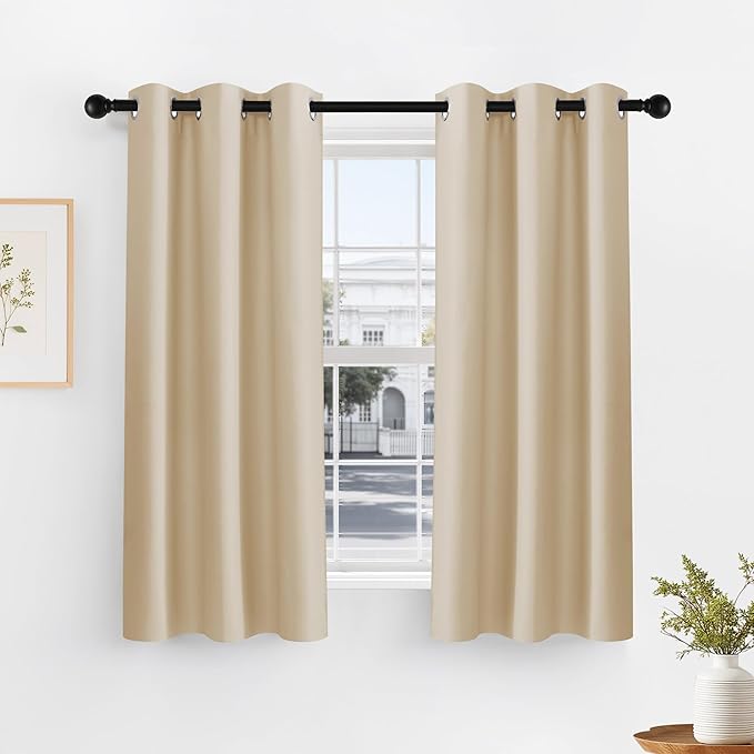PONY DANCE Biscotti Beige Short Blackout Curtains for Kitchen 45 Inch Length, Thermal Insulated Grommet Curtains for Bedroom, Black Out Drapes for Bathroom Small Window (2 Panels Set, 34 inches Wide)