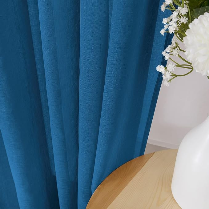 Tollpiz Sheer Curtains Living Room Linen Textured Curtain Sheers Light Filtering Voile Rod Pocket Curtains for Bedroom, 38 x 63 inches Long, Classic Blue, Set of 2 Panels