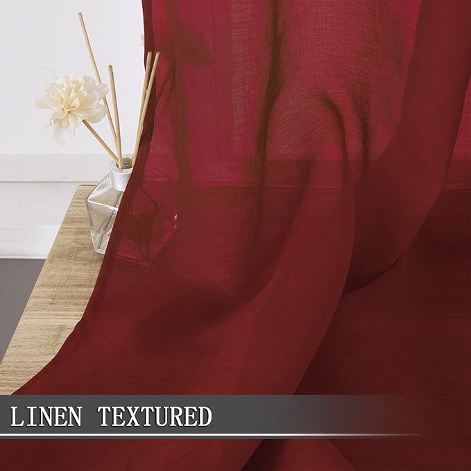 Tollpiz Sheer Tier Curtains Kitchen Linen Textured Half Curtain Sheers Light Filtering Rod Pocket Voile Bathroom Short Curtains for Farmhouse, 25 x 30 inches Long, Burgundy Red, Set of 2 Panels