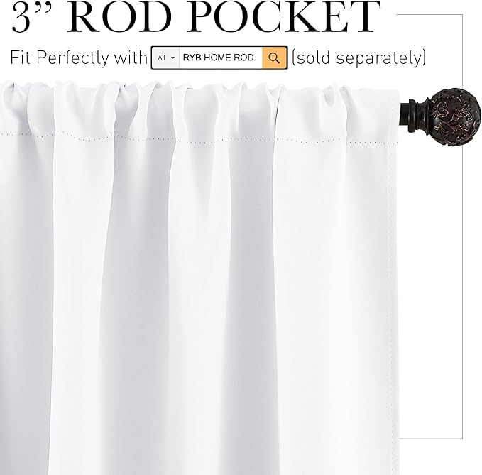 RYB HOME Room Darkening Thermal Insulated Curtains 50% Light Block Curtains Windows Dressing Privacy Protect for Bathroom Kids Nursery, Wide 42 x Long 54 inch, Pure White, 1 Pair