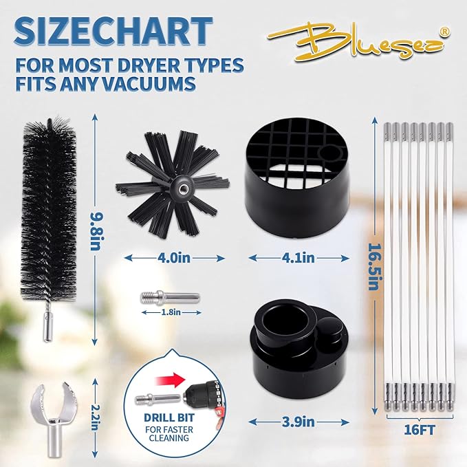Bluesea 7 Pieces 16 Feet Dryer Vent Cleaner Kit, Reinforced Nylon Dryer Vent Cleaning Kit, Durable Dryer Vent Brush Vacuum Attachment with Flexible Lint Trap Brush, Vacuum & Dryer Adapters Upgrade