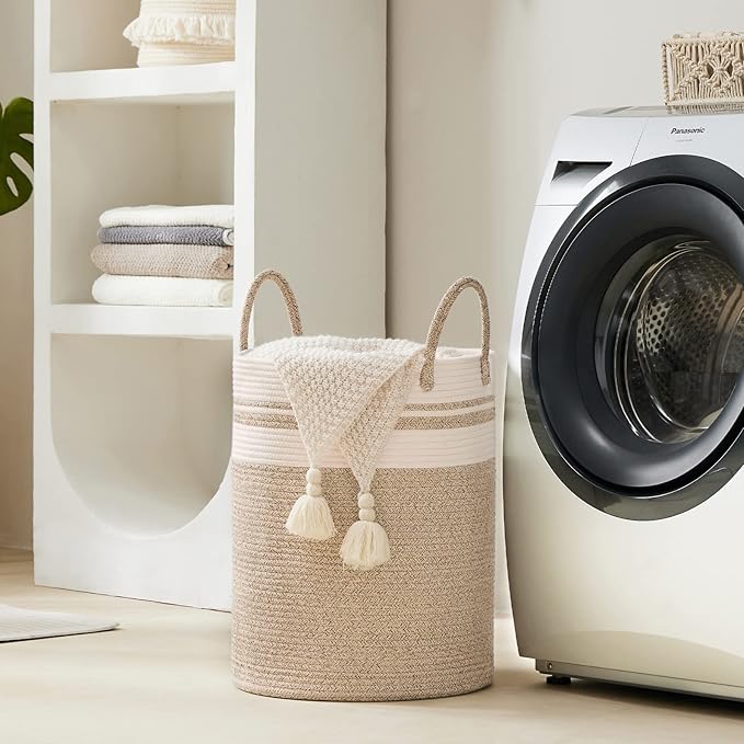 YOUDENOVA Woven Rope Laundry Hamper Basket, 58L Tall Laundry Basket for Blanket Organizer- Clothes Hamper for Bedroom Storage, Baby Kids Nursery Hamper-Large-Brown