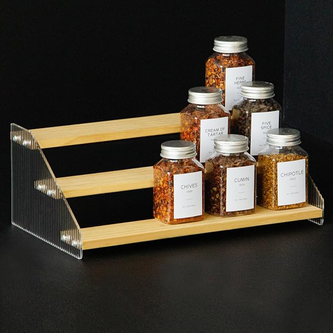 nianfeng Tiered Spice Rack, 3-Tier Spice Pantry Kitchen Cabinet Organizer, 12-Inch, Natural Wood Acrylic Stair Riser Stand, Countertop Seasoning Shelf