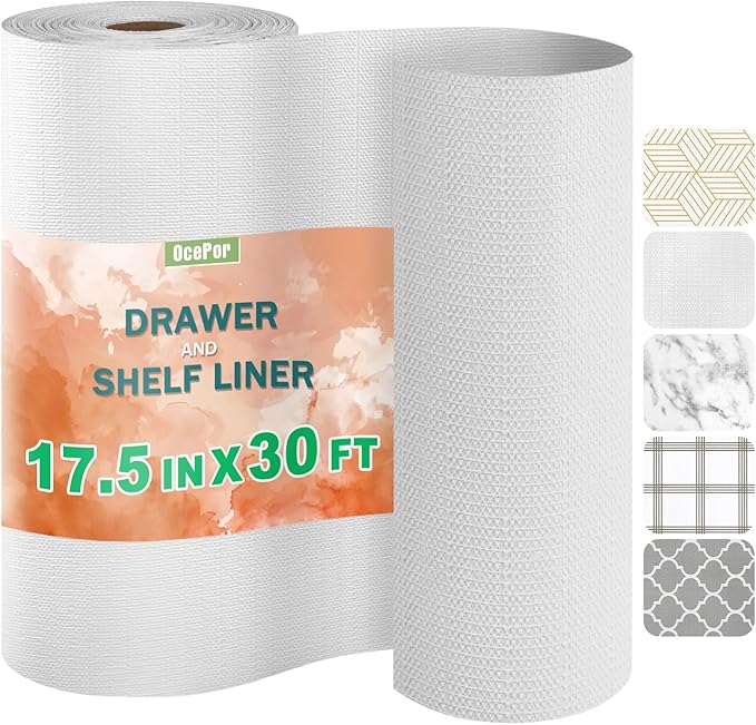 OcePor Non-Adhesive Drawer and Shelf Liner 17.5IN x 30FT，Non Slip Cabinet and Cupboard Liner, Kitchen Cabinet Liners for Shelves, Waterproof Drawer Shelf Liners for Cabinets/Bathroom Cupboard, White