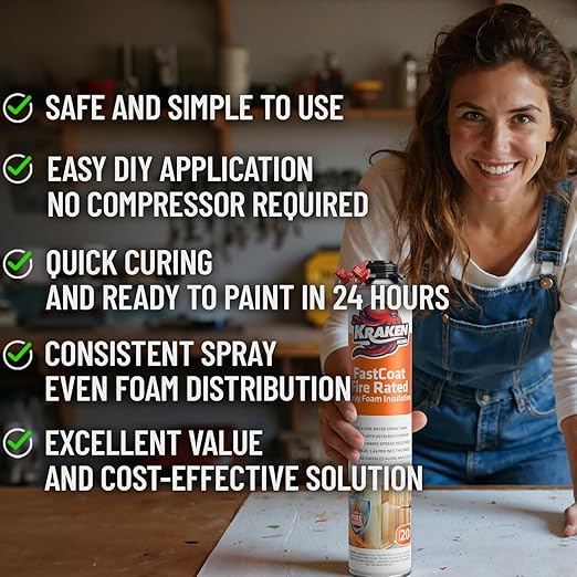 Kraken Bond Fastcoat Fire Rated Spray Foam Insulation (48x27.1 oz.) (R-Value 11.32 / 2in) Closed Cell Expanding Foam - Heat and Acoustic Insulation, 1 Gun & 4 Cleaner Included, 960 Board Ft, 48 Pack
