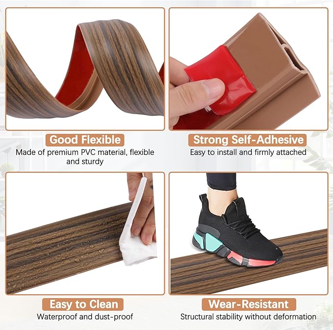 Vinyl Door Threshold Flooring Transition Strip Self Adhesive Carpet Edging Strip for Laminate Doorway Edge Threshold from 3/5" to 4/5" (Smoked Brown Wood Grain, 3.3 Ft)