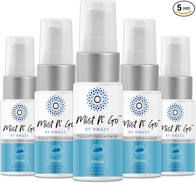Mist N’ Go by Omaze Travel Bathroom Spray for Toilet Spray Odor Eliminator - Travel Toilet Spray for Bathroom Air Freshener Spray for Bathroom Deodorizer - Dream Travel Size (1oz x5)