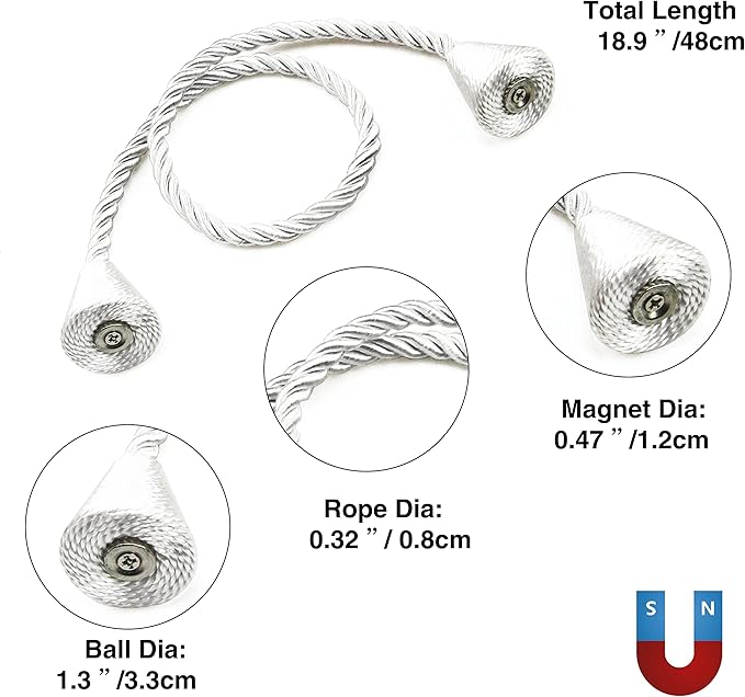 4 Pack Magnetic Curtain Tiebacks Rope Modern Handmade Curtain Tie Backs Decorative Drapes Weave Holdbacks for Window Décor, Silver