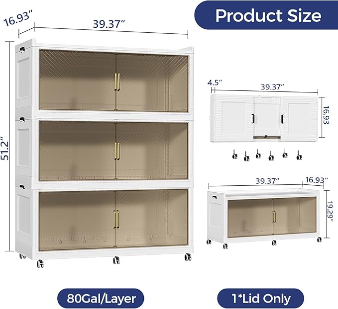 240GAL Extra Large Storage Bins with Lid, 960QT Collapsible Organizer with Wheels, Stackable Closet Cabinet with Doors, Folding Storage Containers for Home, Office, Dorm, 3Pack White