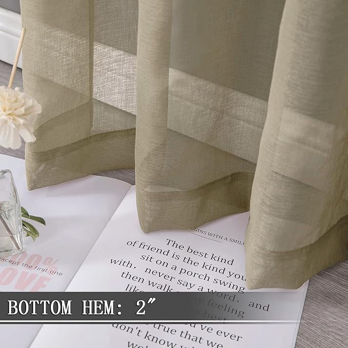Tollpiz Sheer Curtains Living Room Linen Textured Curtain Sheers Light Filtering Voile Rod Pocket Curtains for Bedroom, 38 x 63 inches Long, Taos Taupe, Set of 2 Panels