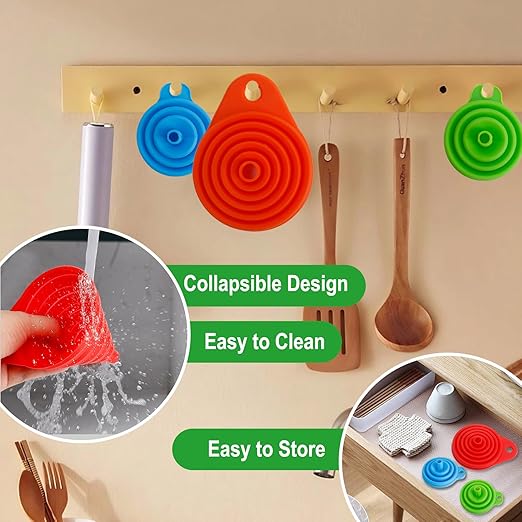 Kitchen Funnel Set of 6, Food Grade Foldable Small and Large Funnel Colorful Silicone Collapsible Funnels Flexible Funnels for Kitchen Use Filling Bottles Liquid Transfer Kitchen Gadgets Accessories