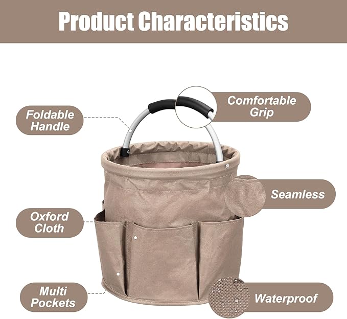 Qivine 17L Cleaning Caddy with Handle, Cleaning Supply Caddy Foldable Cleaning Caddy Cleaning Products Organizers Portable Cleaning Bucket Organiser for Storing Towels (Khaki)