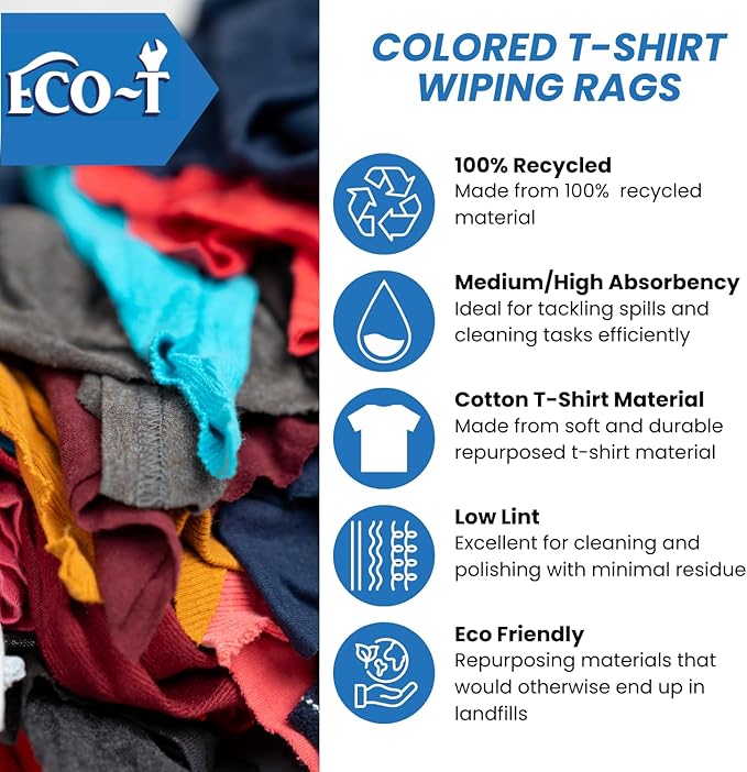 24 x 1 Lb Bags (24 Lbs) Eco-T Mechanic Shop Rags - Colored T-Shirt Material, 100% Recycled, Eco-Friendly, High Absorbency, Low Lint, Low-Cost, Industrial Use Wiping Cloth