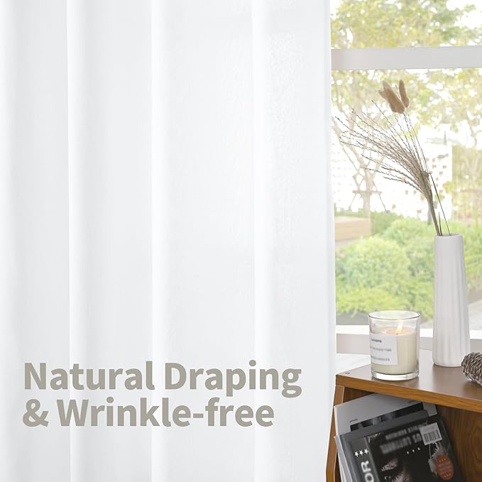 YoungsTex White Linen Curtains for Kitchen Window Over Sink - Small Half Window Drapes Semi Sheer with Back Tab for Front Door Cafe, 2 Panels, 30 X 40 Inch