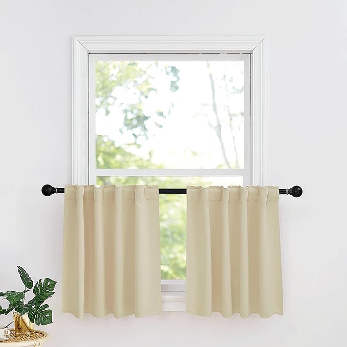 RYB HOME Kitchen Window Curtains - Blackout Privacy Half Window Curtains for Bedroom Bathroom Dining Living Room Cafe Office Short Tiers Drapes, W 34 x L 36 inches, 2 Panels, Biscotti Beige